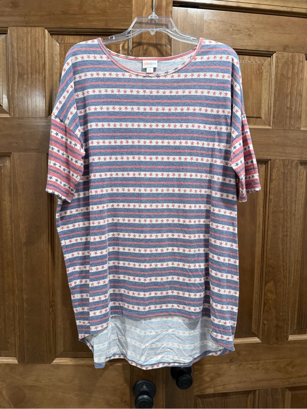 LuLaRoe Irma Red White Blue Star Stripe Patriotic High Low Tunic, Size Medium